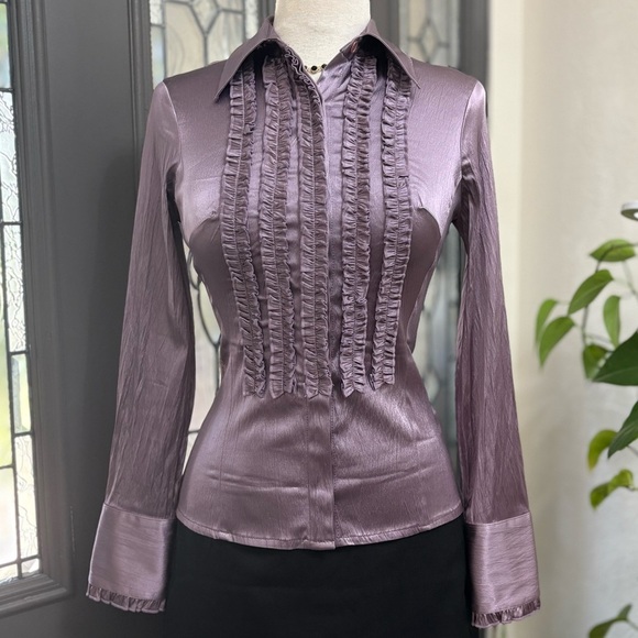 Ashely Purple Silky Ruffle Placket & Cuff Trim Button Front Stretch Blouse - Picture 8 of 8